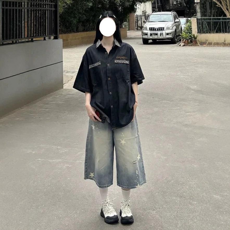 women s Star Print High Waist Wide Leg Cropped Jeans Vintage Washed Denim Capris S синий