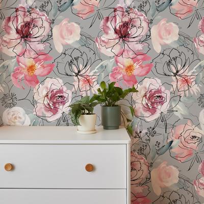 Grey Watercolor Floral Line Wallpaper Self-adhesive Furniture PVC Cabinet Sticker Peel And Stick Flower Kitchen Bathroom Decor