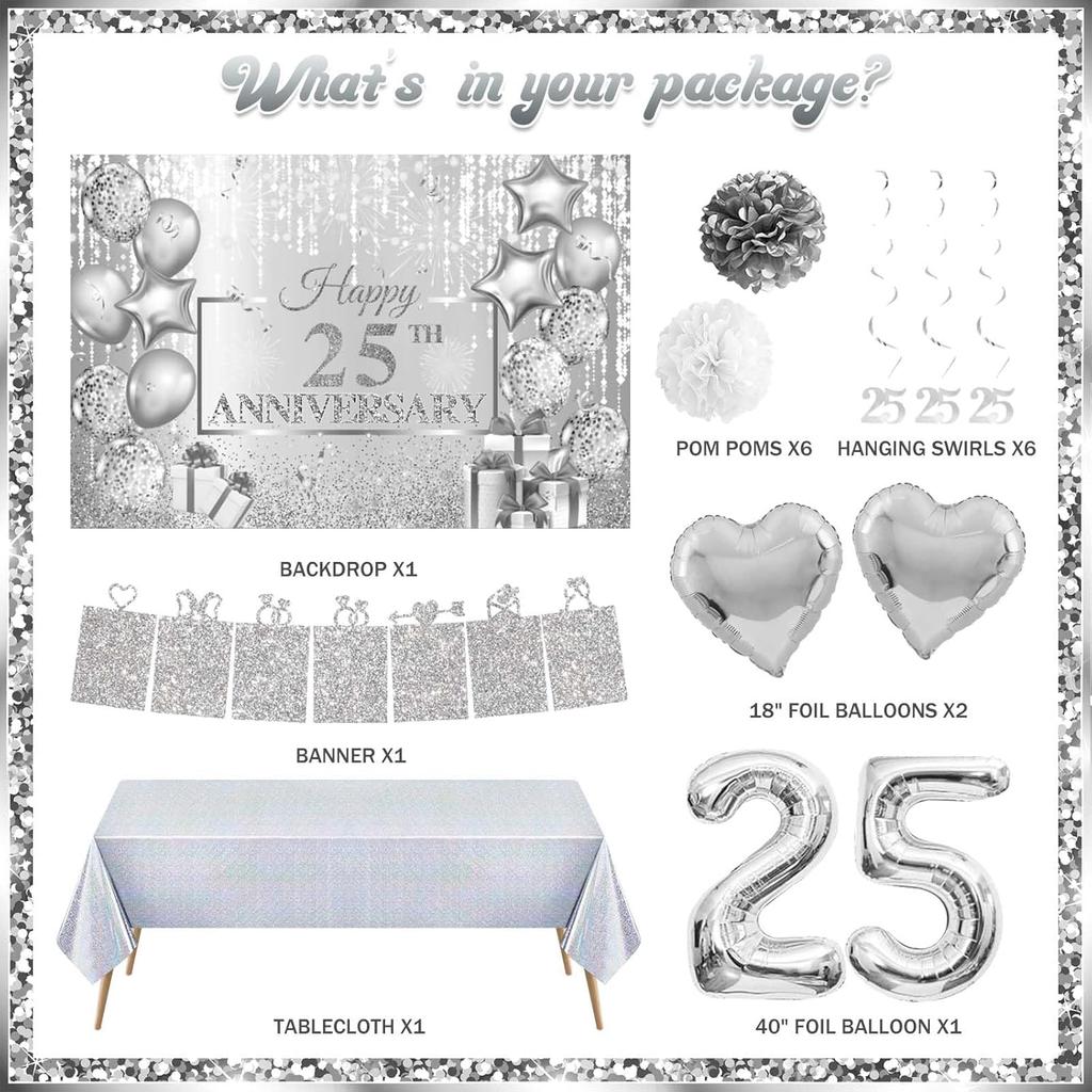 25th Anniversary Decorations, Silver 25th Wedding Anniversary Party Decorations, 25 Year Anniversary Decor, Happy 25th Anniversary Backdrop
