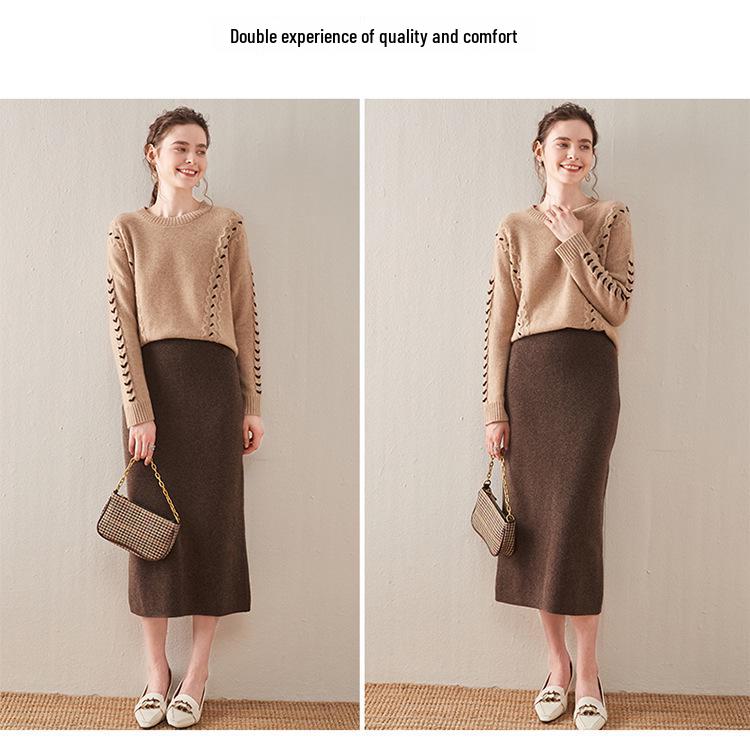 Dámská vlněná sukně střední délky s vysokým pasem a úzkým střihem - Podzimní/zimní trendy pletený hip style