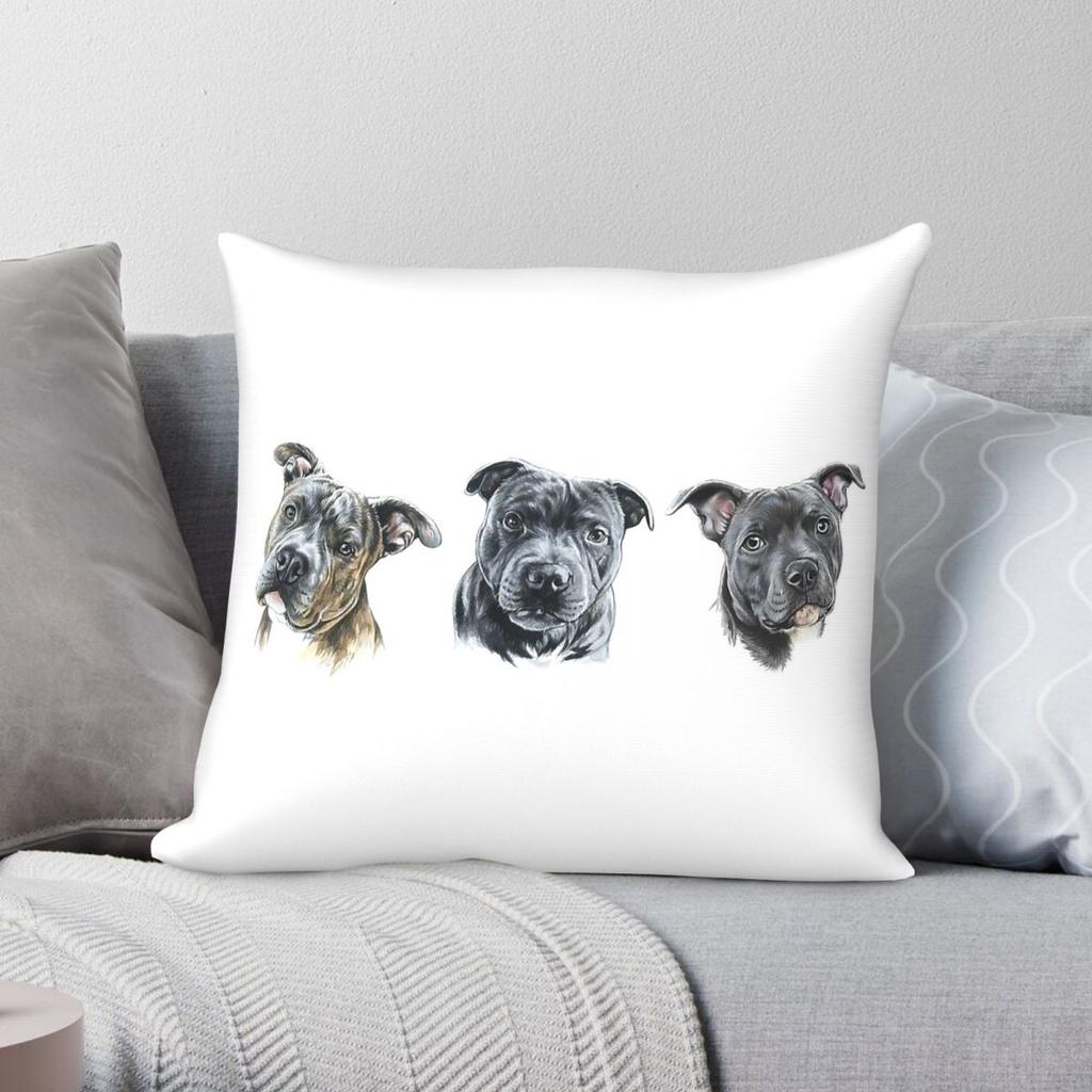 Trio Staffordshire Bull Terrier Square Pillowcase Polyester Linen Velvet Creative Zip Decor Room Cushion Case