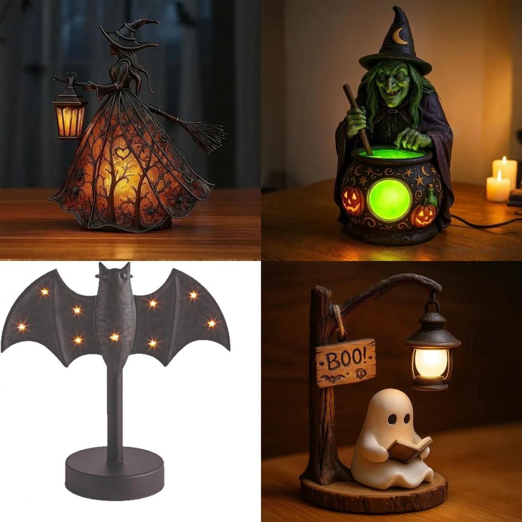 Halloween Witch Lamp Halloween Decor Resin Figurine With Battery Power For Spooky Table Display