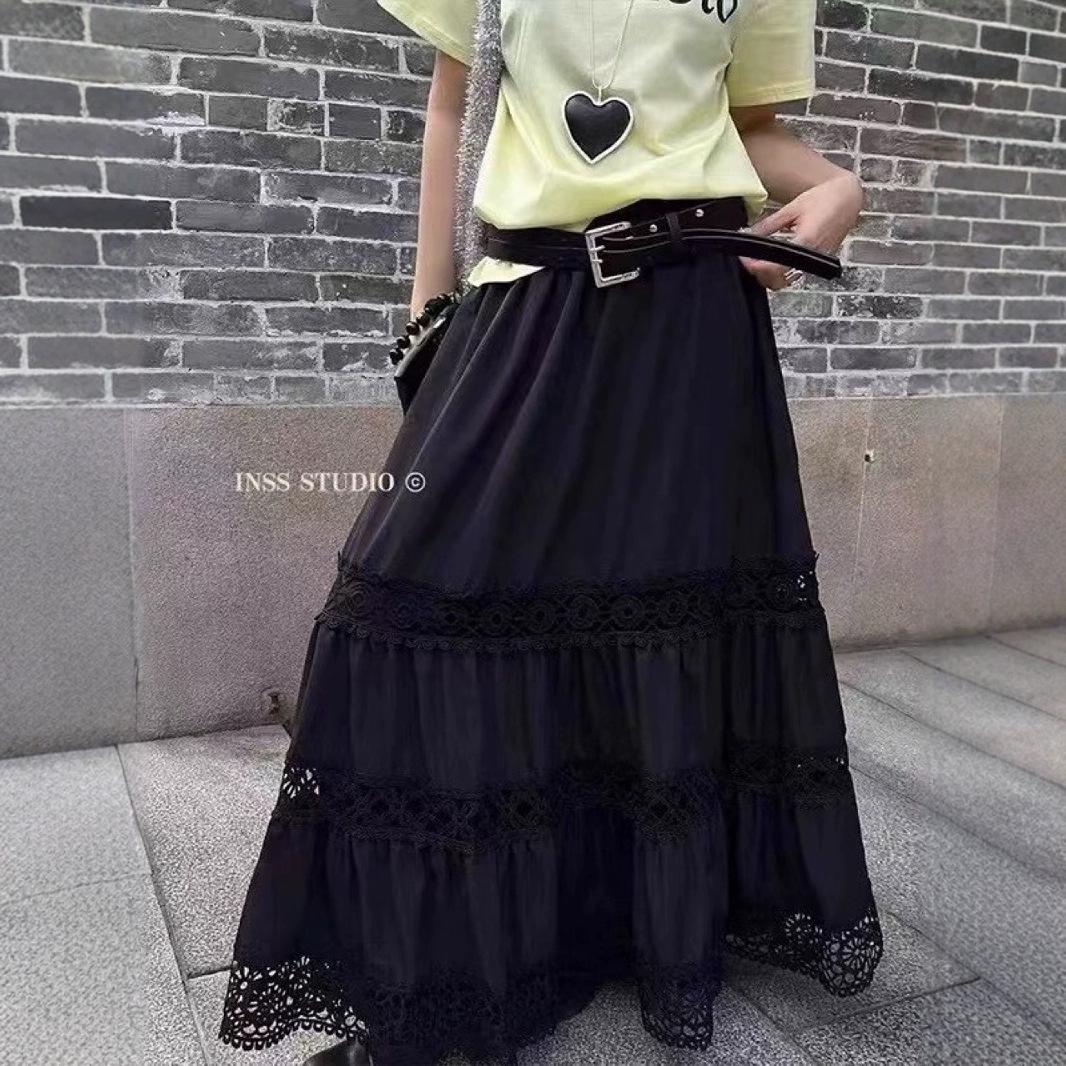 

2025 A/W Retro Lace Patchwork Midi Skirt - Japanese/Korean Style One Size чорний