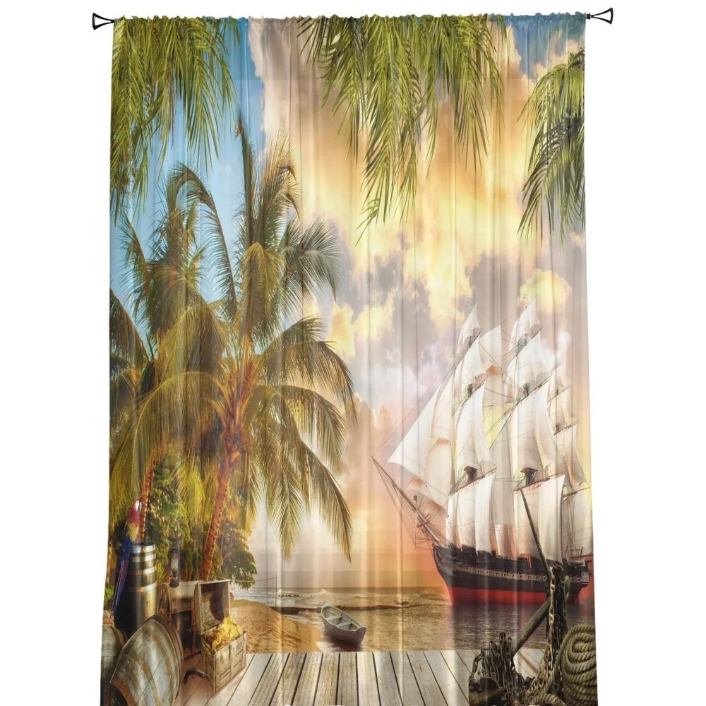Tropical Arbor Pirate Ship Plank Tulle Window Curtains Living Room Organza Sheer Voile Curtain Bedroom Kitchen Home Decor Drape