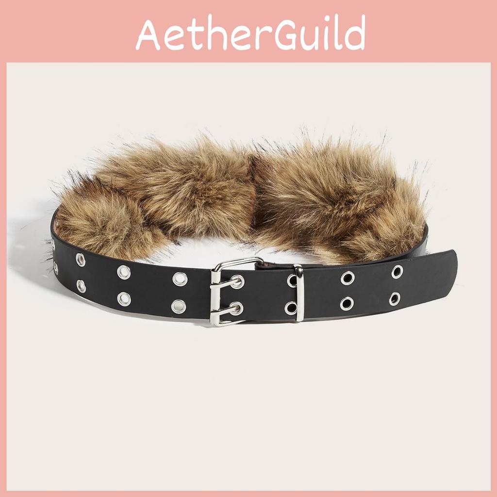Solid Fashion Color Faux Fur Decoration Women Belt With Double Buckle Breasted
