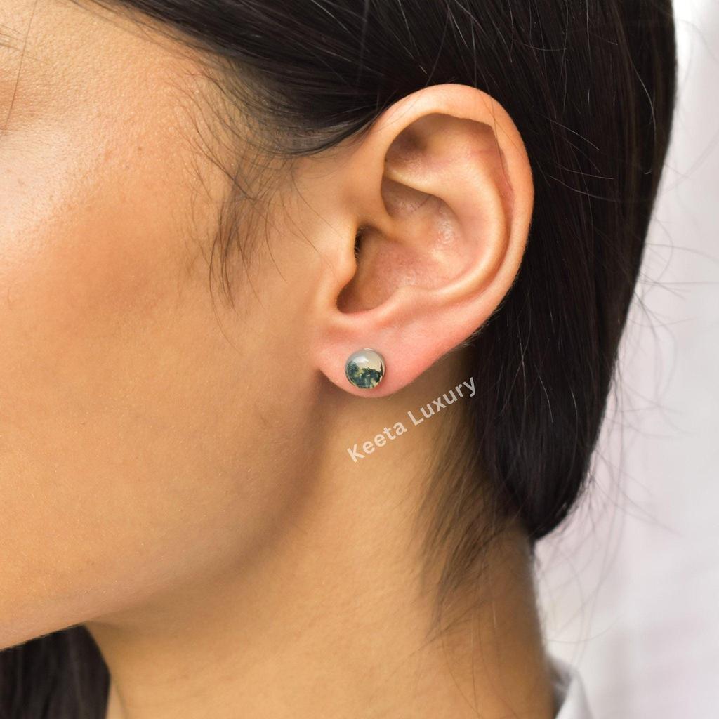 Genuine Green Moss Agate Suds, Round Moss Agate Studs, Moss Agate Studs for Women, Sterling Silver Studs , Gift for Her , Gift for Mom