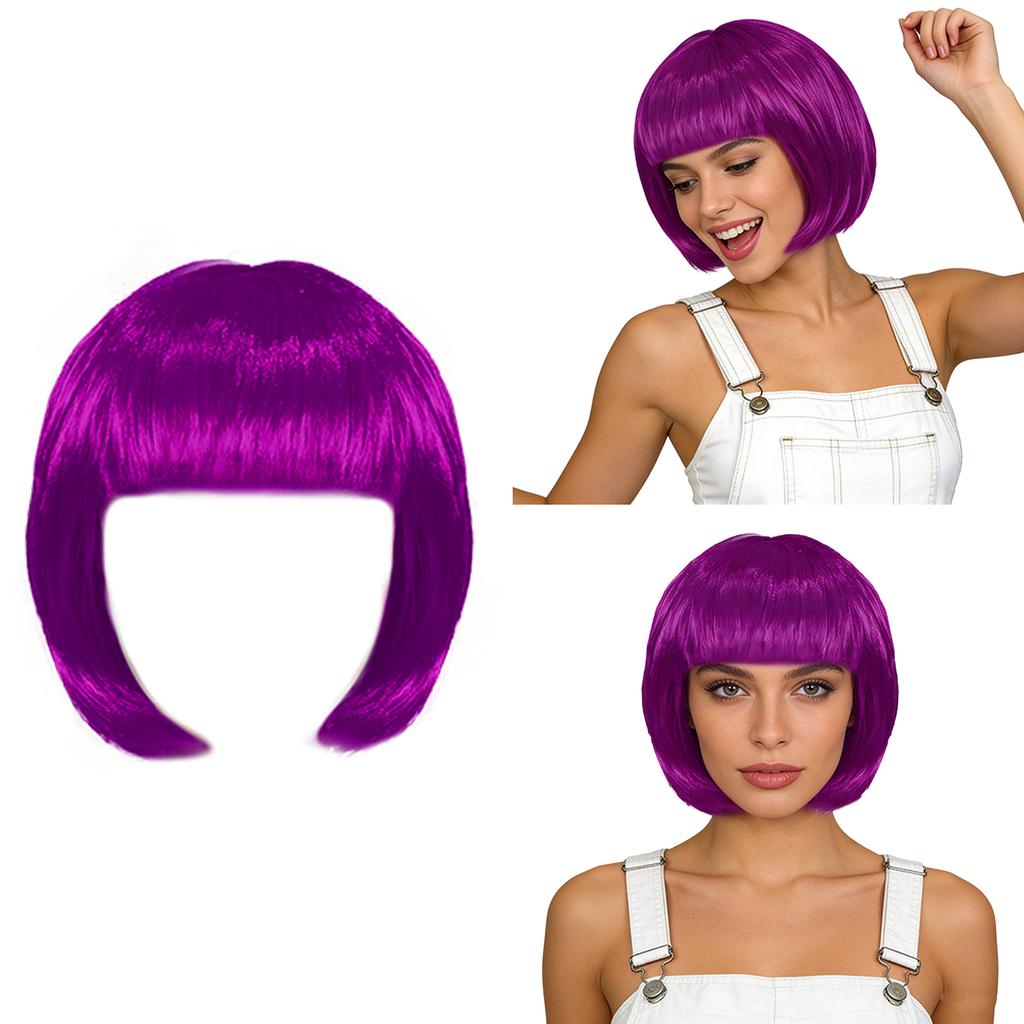 Short Straight Bob Hairpiece for Women Blunt Cut Bangs Cosplay Wig Halloween Themed Party Daily Use