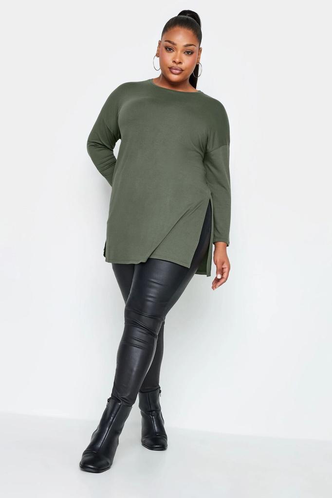 Women's Big Size Blouse Plus Size Crew Neck Slit Detailed Long Sleeve Oversize Blouse 321293