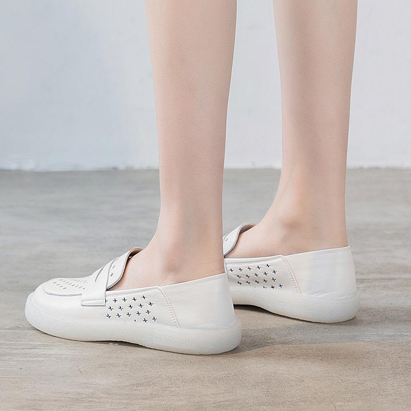 Fashion GKTINOO Loafers Ladies Genuine Leather Large Size Summer Hollow Slip On White Shoes Women Fashion Casual Soft Sole Flat Shoes