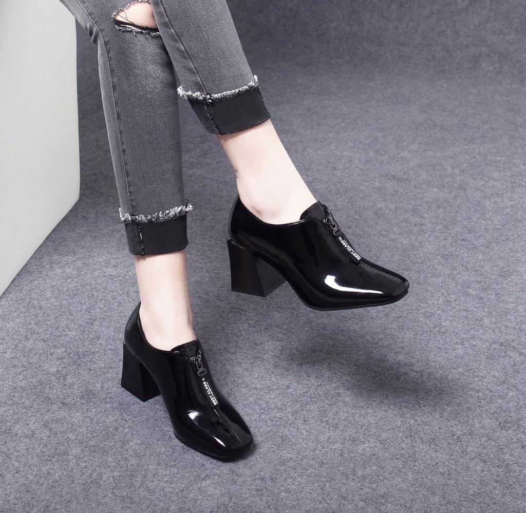 High Heels 2025 Early Spring New European and American Style Square Head Front Zipper Square Heel Thick Heel Women's Shoes First Layer Cow Patent Lea