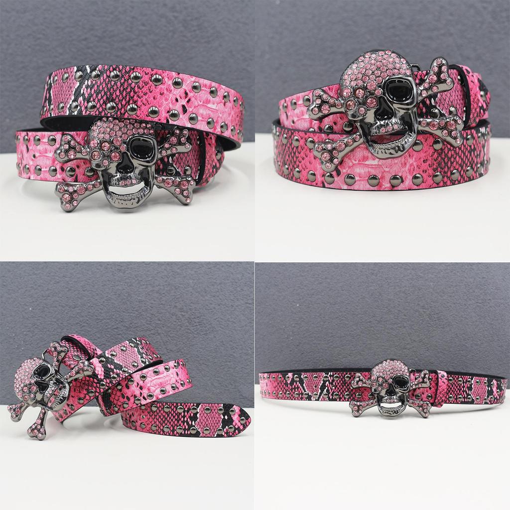 Y2K Rhinestone Skull & Snake Punk Belt - Unisex Leather with Rivet Decoration