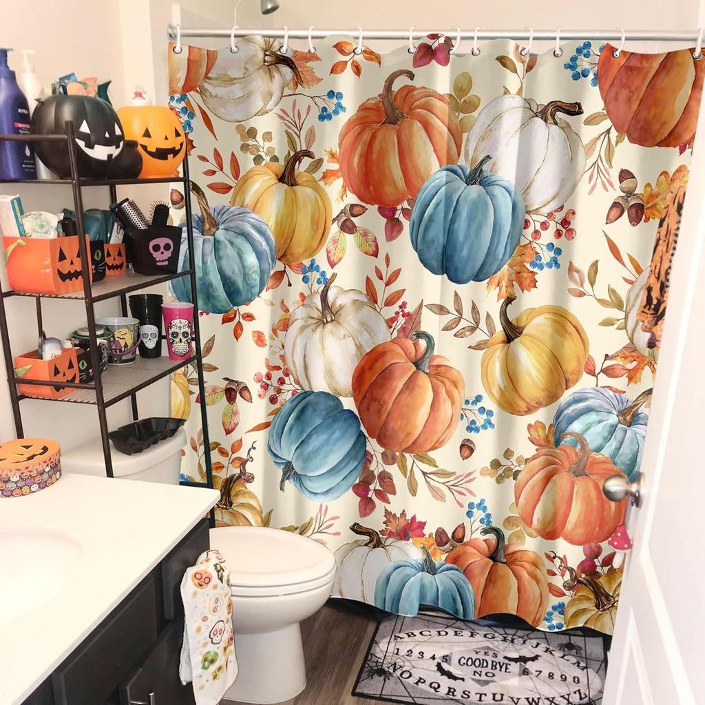 Fall Pumpkin Maple Leaf Shower Curtain with Autumn Thanksgiving Pattern, Waterproof Seasonal Bathroom Decor for Home