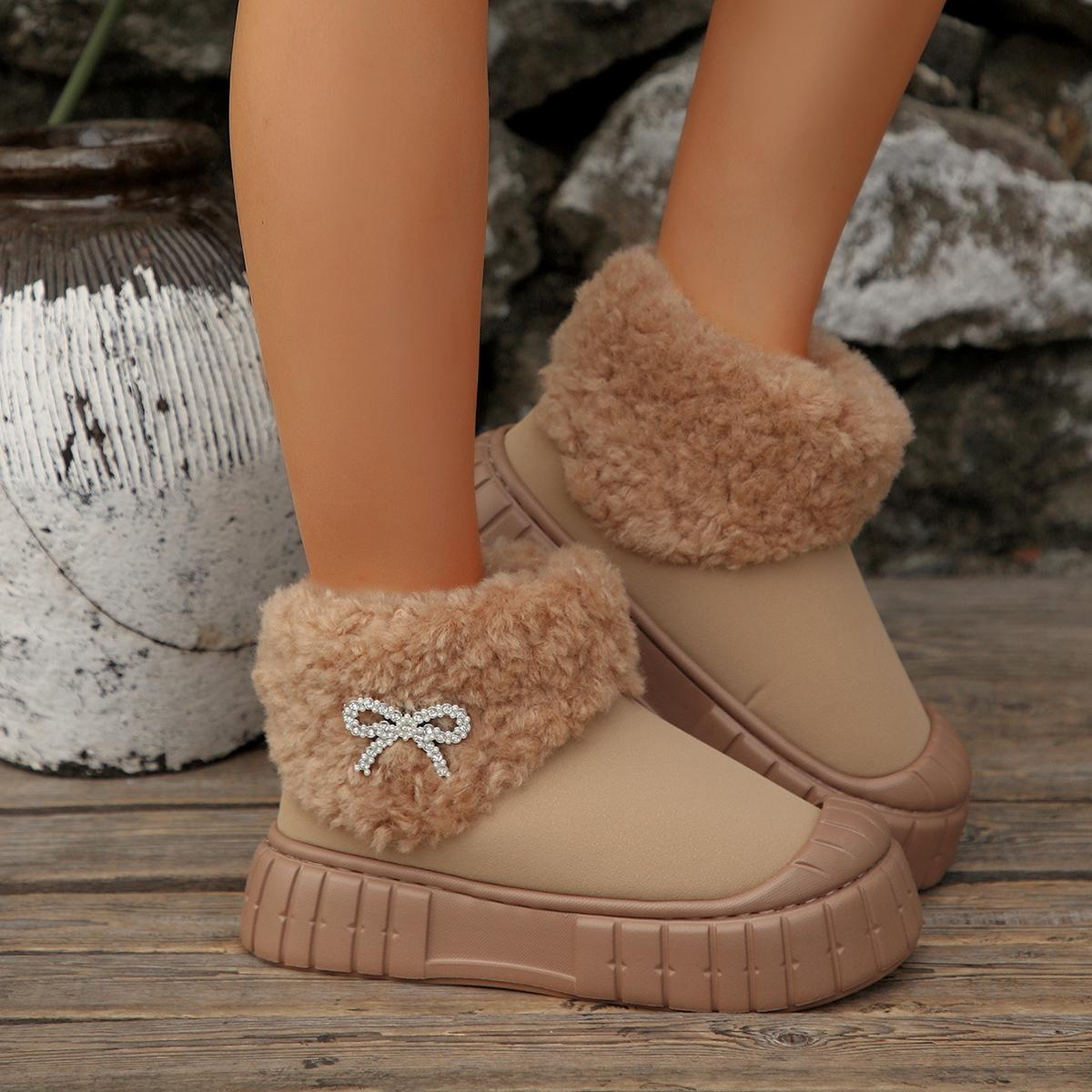 

Fashion Soft Thick Bottom Non Slip Furry Snow Boots Women 2025 Winter Chunky Platform Fluffy Fur Ankle Boots Warm Plush Bowknot Shoes 40-41 хаки