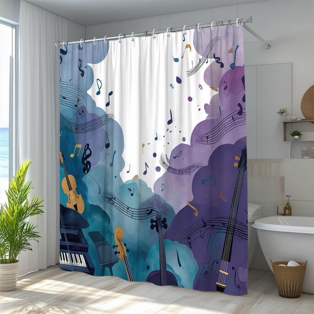 1Pc Music Theme Shower Curtain, Violin And Piano Illustration, Sheet Music And Notes Background, Watercolor Style, Bathroom Deco
