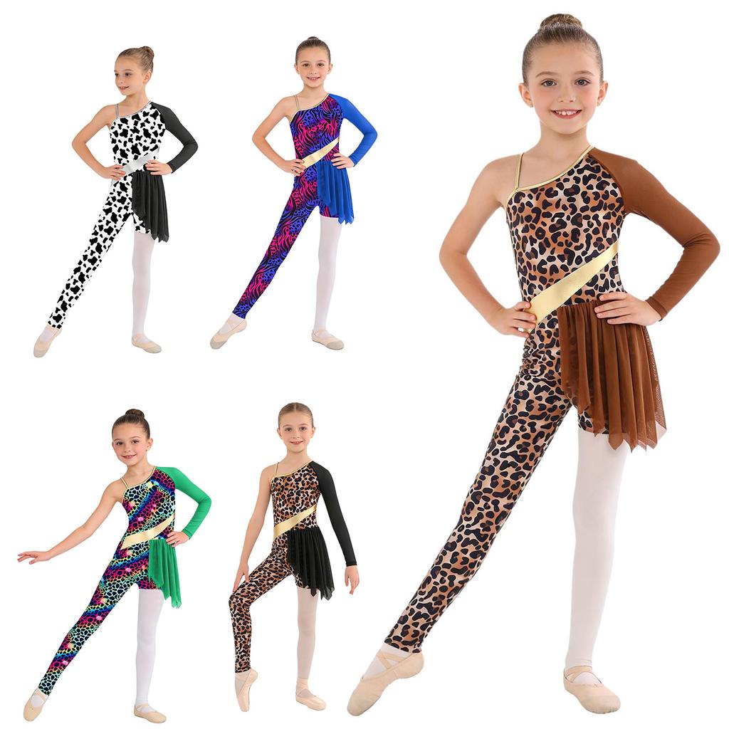Kinderen Meisjes Grot Thema Danskostuum: Patchwork Bodysuit met Luipaardprint, Asymmetrisch Ontwerp voor Jungle Gymnastiek & Podium