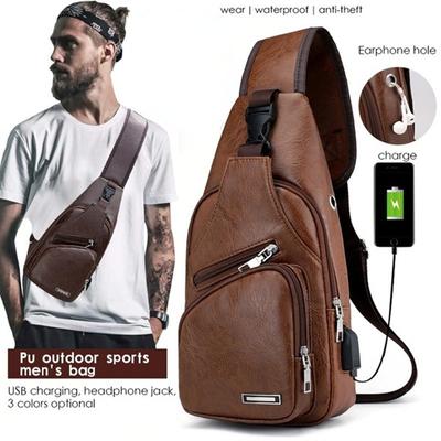 Men's Chest Bag Casual Outdoor Travel USB Charging Port Sling Bag Leather Chest Bag Crossbody Bag