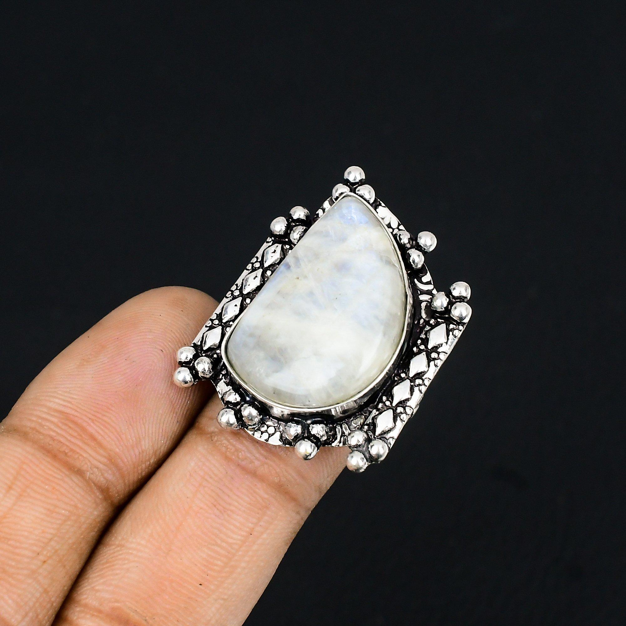 Natural Rainbow Moonstone Gemstone 925 Silver Stackable Ring Size 6.5 For Girls 6.5