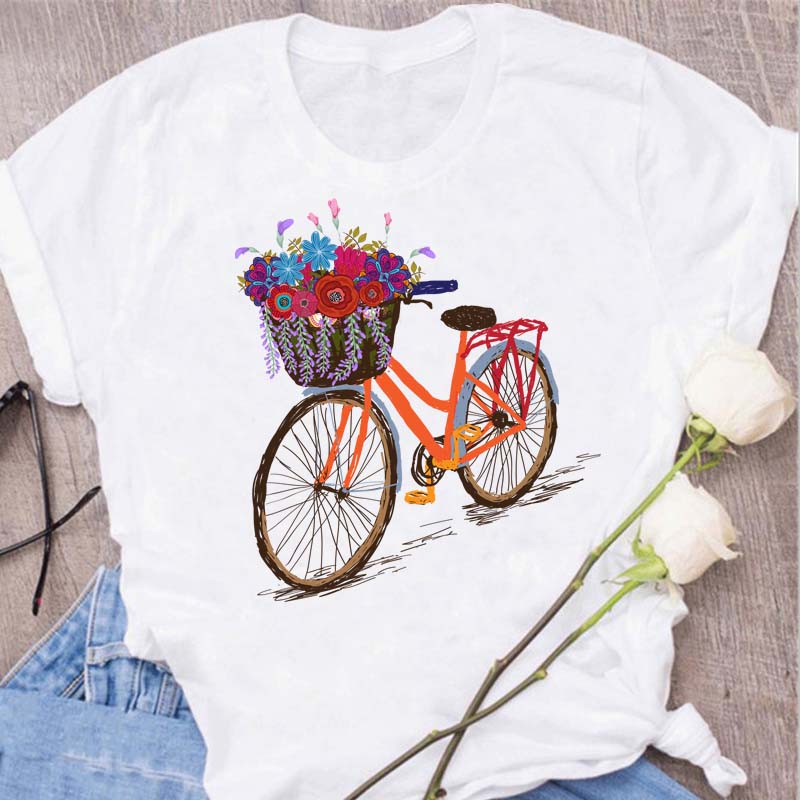 Woman Funny Bicycle Floral Print T Shirt Harajuku Women Tshirts Casual O-Neck Short Sleeves Tops Tees Shirt,Drop Shipping