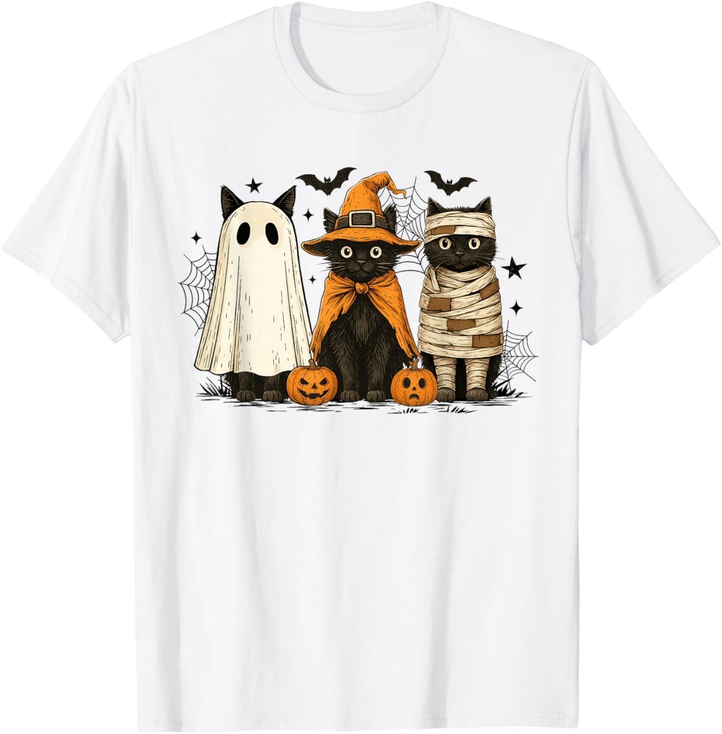 Retro Black Cat Witch Scary Halloween Pumpkin Women Men unisex T-Shirt Mens Womens Tees Top XL