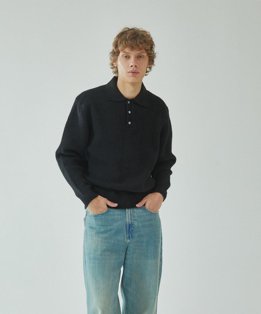 PINBLACK (Men) Button Collar Neck Wool Knit Black
