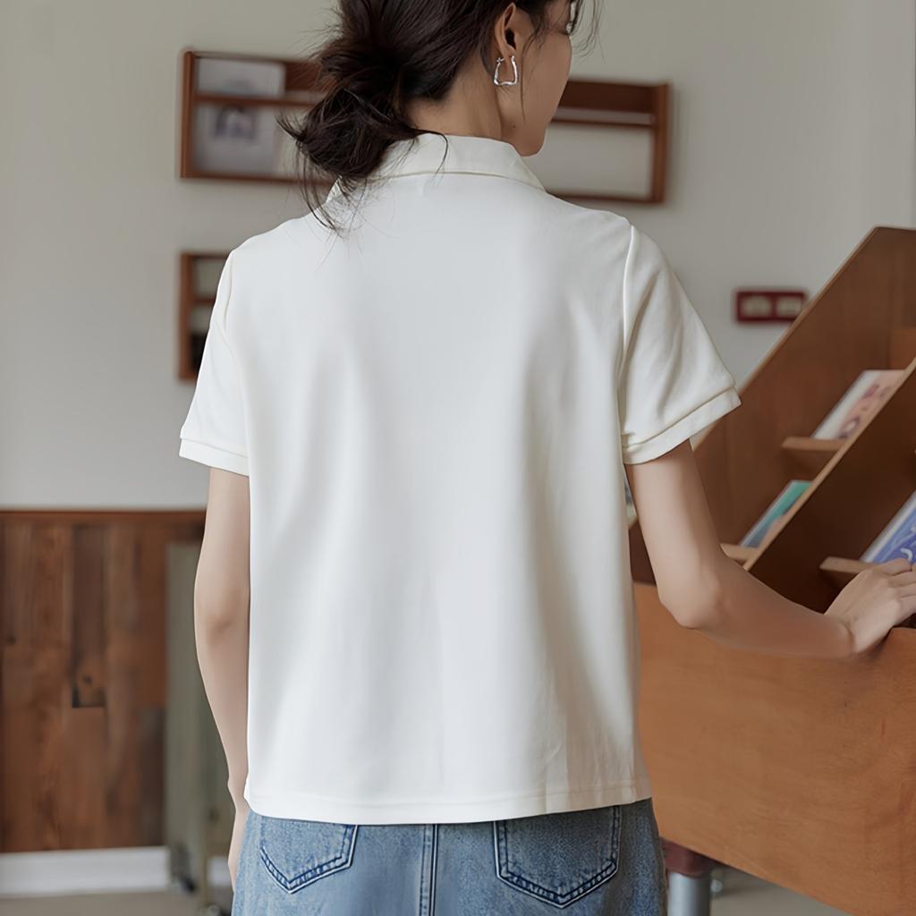 Letní jednoduchá jednobarevná trička Dámské polo límeček Krátký rukáv studentské bílé tričko ležérní volné Elastické y2k Topy dámské oblečení