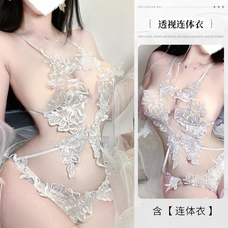 Clothes sexy lingerie women's three-point robe lace perspective passion free suit transparent temptation
