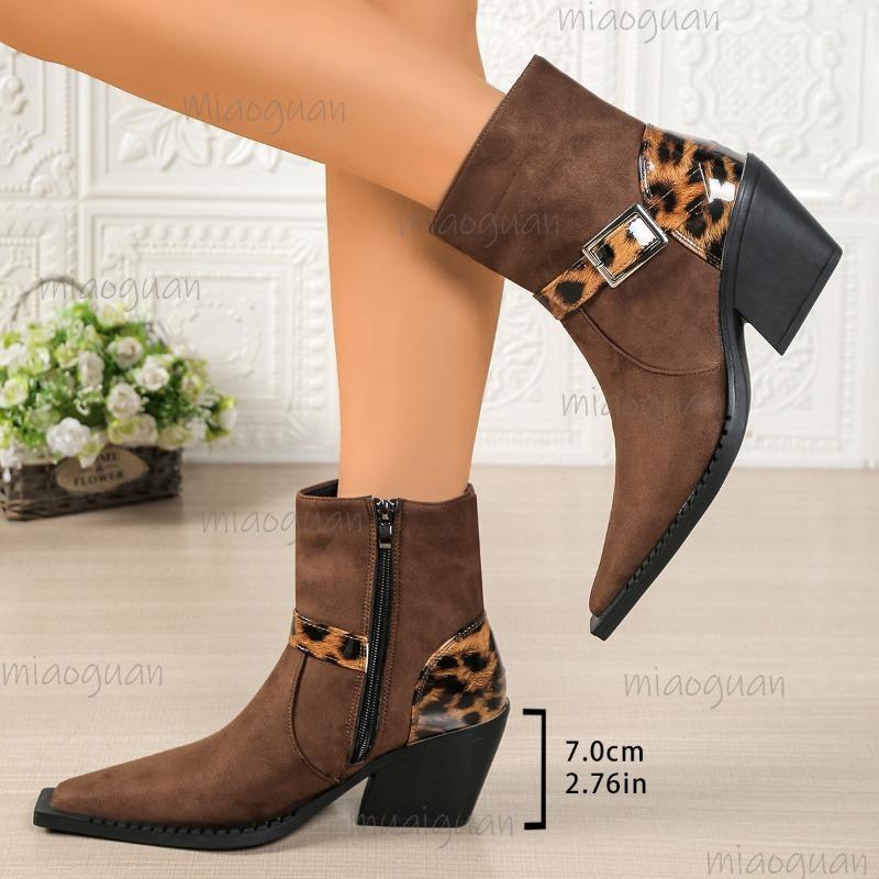 Leopard Print Thick Heel Pointed Toe Buckle Boots for Women Autumn 2025 New Side Zipper Retro High-heeled Short Boots