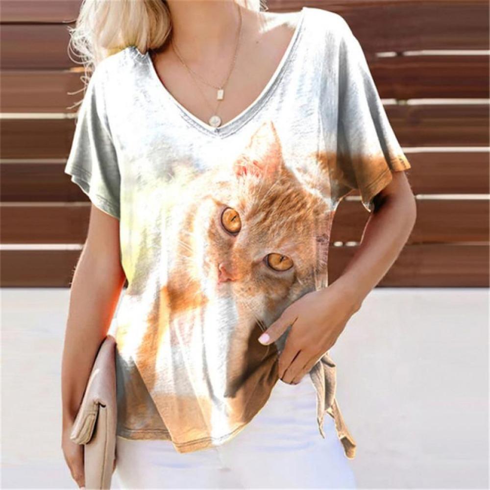 Summer Lovely Cat 3D Print T-Shirts Women Casual V-Neck Short Sleeve T Shirt Y2k Harajuku Animal Tees Loose Tops Female Clothing