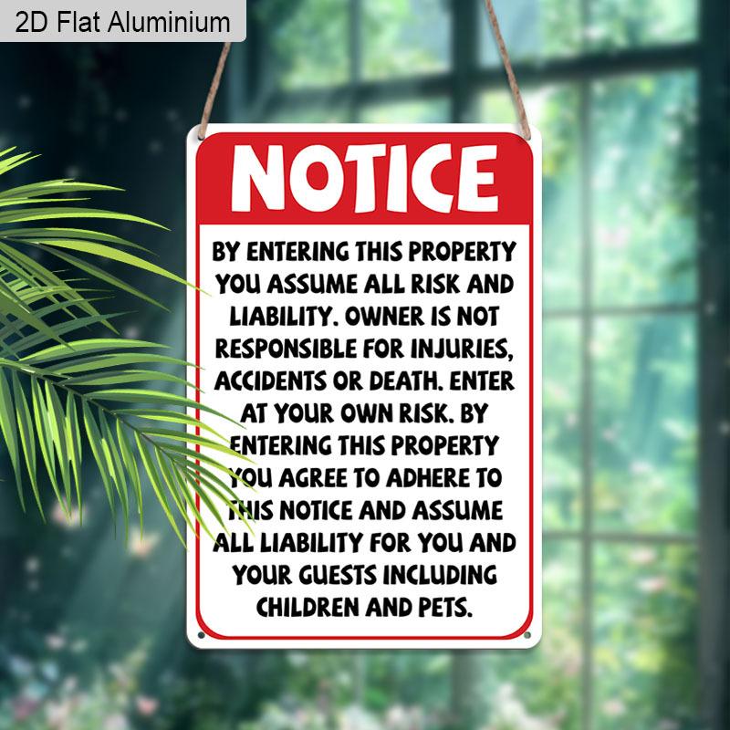 2D Flat, 1pc Notice Aluminium Sign "Enter At Your Own Risk" - 8"x12" Property Liability Warning Sign, Rustic Home & Business Decor