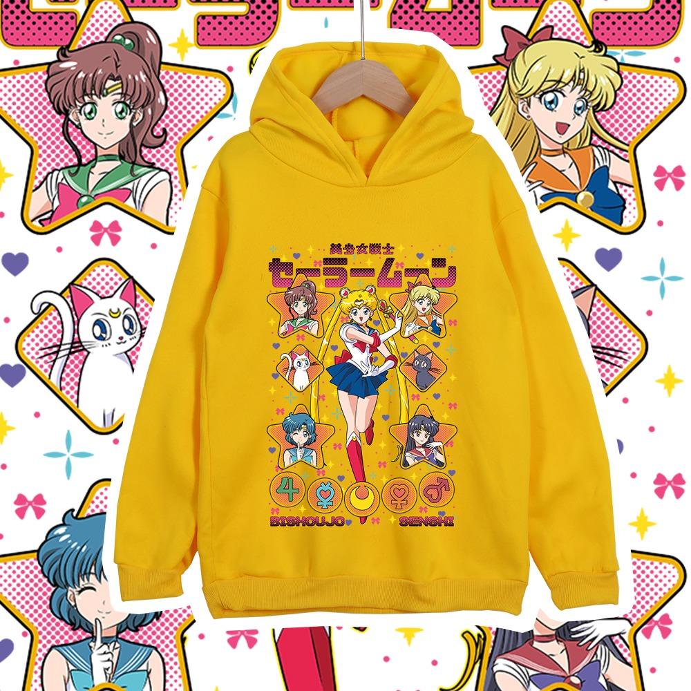 Kinder Anime Baumwoll-T-Shirt Sailor Moon Charaktere Aufdruck Unisex Hoodie Sweatshirt für Jungen Mädchen 100-160cm Höhe