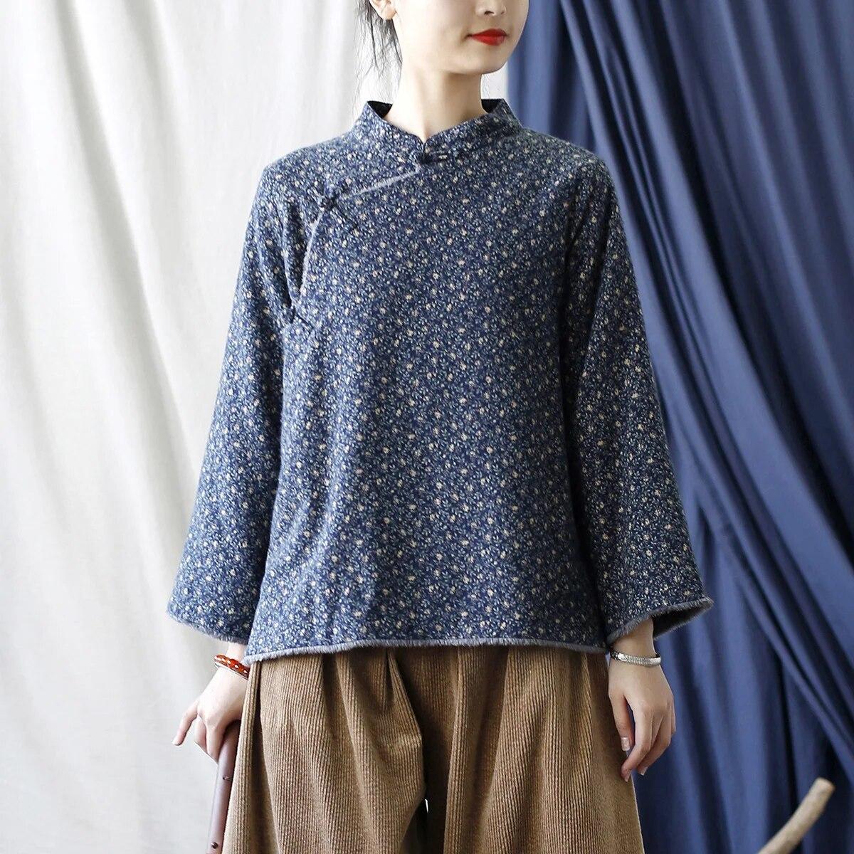 

Johnature женские куртки с цветочным принтом в китайском стиле, пальто с длинными рукавами и весенними пуговицами, винтажные женские куртки M темно-синий