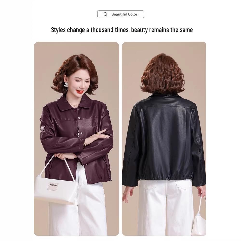 2026 Stylish Plus Size Leather Jacket for Middle-Aged & Elderly Women - Spring/Fall Casual Wear