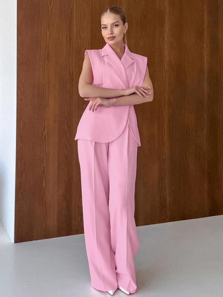 Pink Blazer Pants Two-Piece Set for Women Summer Business Formal Wear Outfit