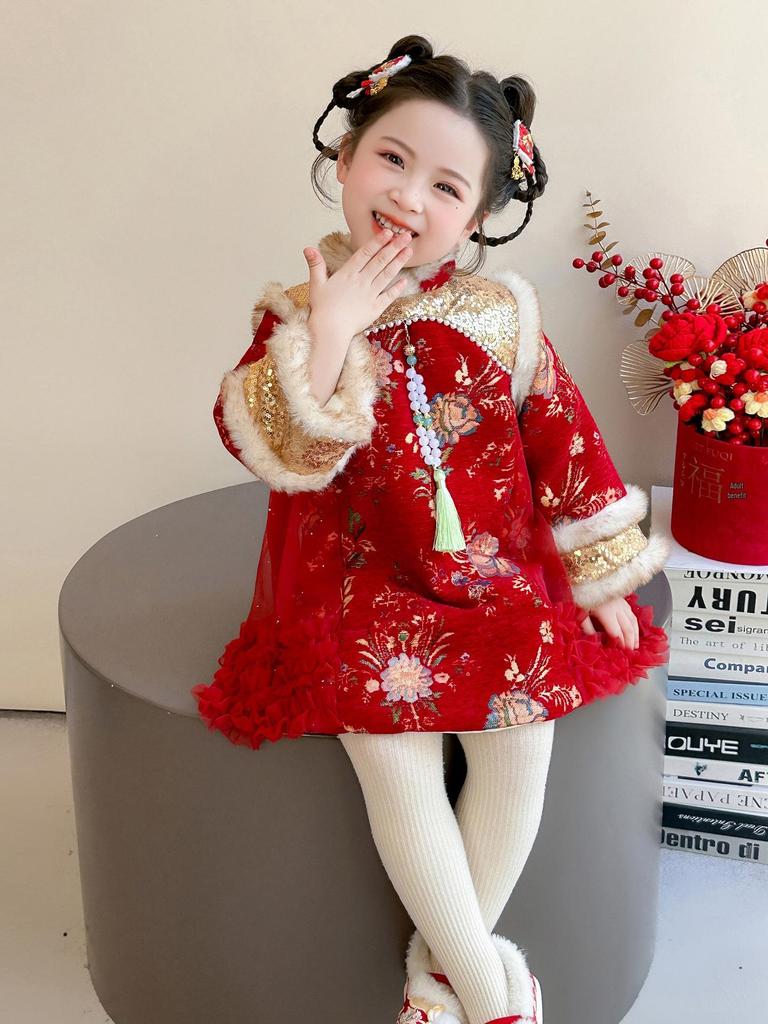 Jupe Hanfu Qipao Festive d'Hiver pour Filles - Style Chinois Épais pour le Nouvel An Combinaison Tang Vêtement Formel