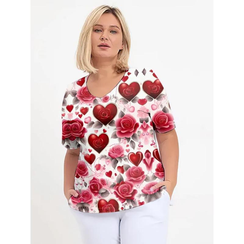 

Большая женская летняя футболка с V-образным вырезом и короткими рукавами с 3D-принтом в виде сердца, повседневный топ, дышащая, машинная стирка, подходит для повседневной носки на улице 5XL