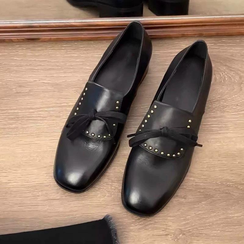 Retro British Leather Round Head Bow Flip Tongue Loafers Women's 2025 Spring New Thick Heel Small Leather Shoes Single Shoes