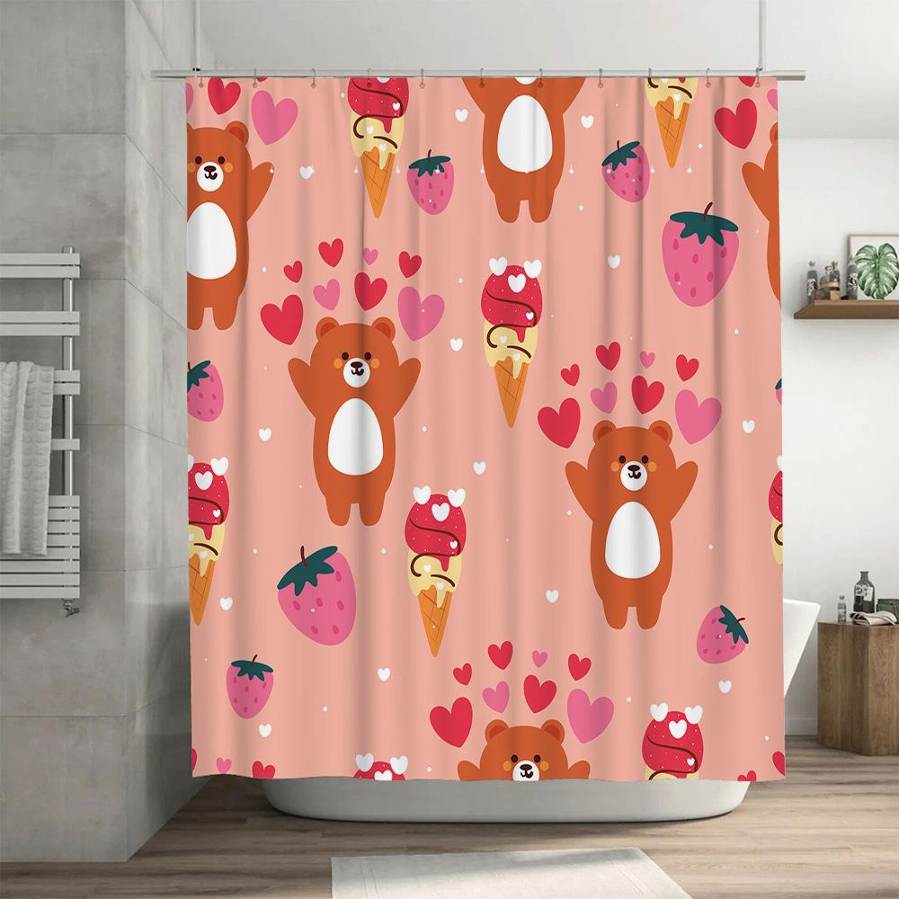 Pink Cartoon Shower Curtain With Hearts And Bears For Bathroom Decoration Pink Polyester Shower Curtains