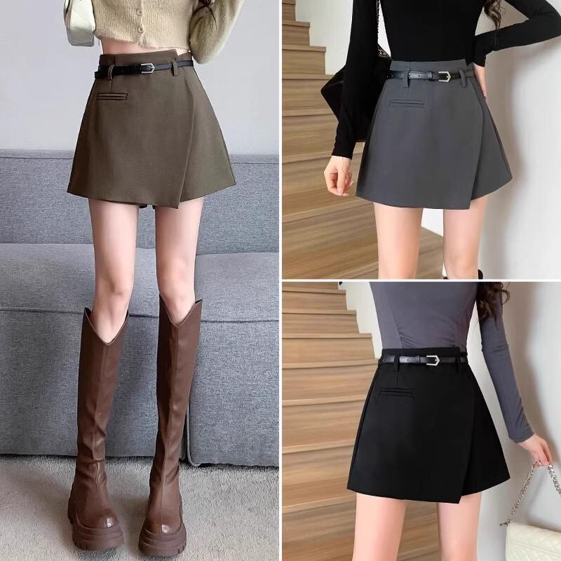Womens Gray A-Line High-Waist Wide-Leg Skort With Zipper Detail Lightweight Stretchy Midi Skirt Fall Winter