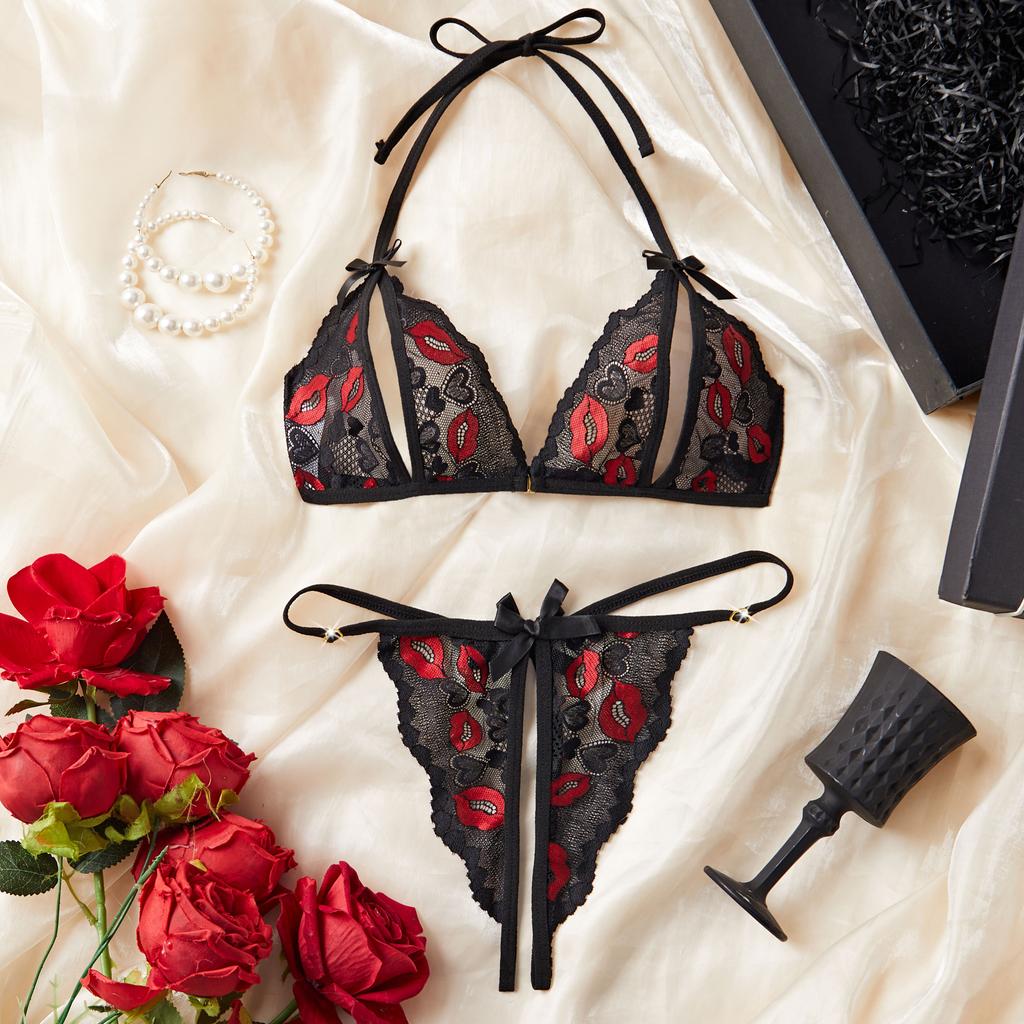 New Women Sexy Lingerie No-pad Wire Free Bra Panties Set Cute Bow Ultrathin Lace Underwear Erotic  Outfits For Pretty Girls