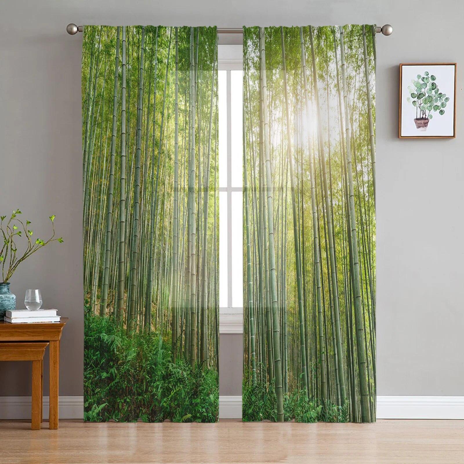 

Green Bamboo Forest Sheer Curtains For Living Room Bedroom Kitchen Light Filtering Window Treatment 135W x 114H(cm)