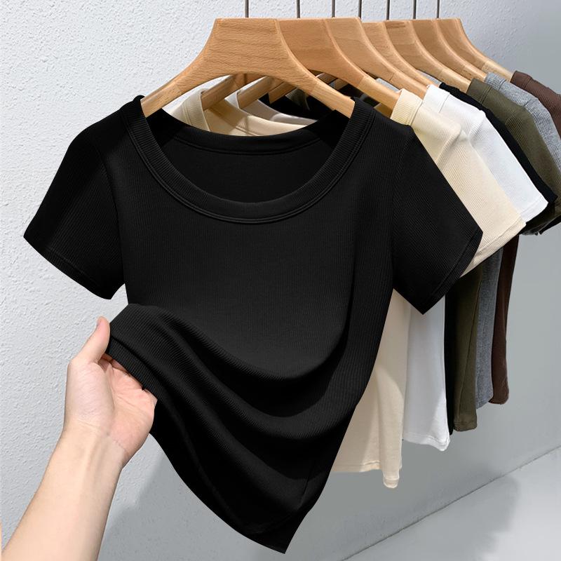 Women's High-Quality Ribbed Round Neck Short Sleeve Slimming T-Shirt – Versatile, Stretchy, Solid Color Summer Top