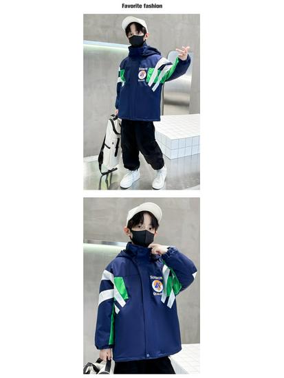 Boys' 2025 Fleece-Lined Three-in-One Hooded Windbreaker for Autumn and Winter