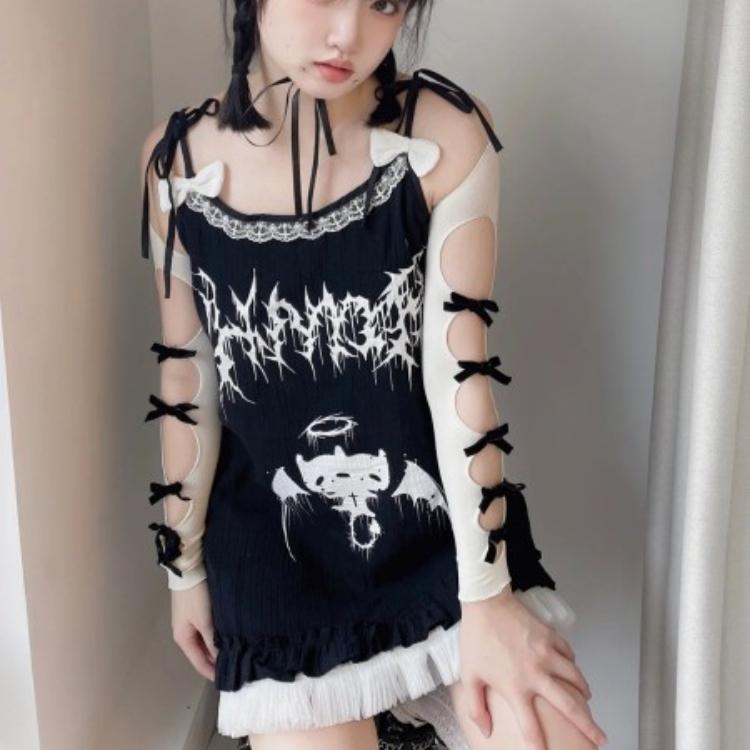 

Платье-майка без рукавов в стиле готического панка, женские платья в стиле феи в стиле гранж с принтом Y2k, сексуальный халат в стиле Харадзюку, уличная одежда, черные платья L чёрный