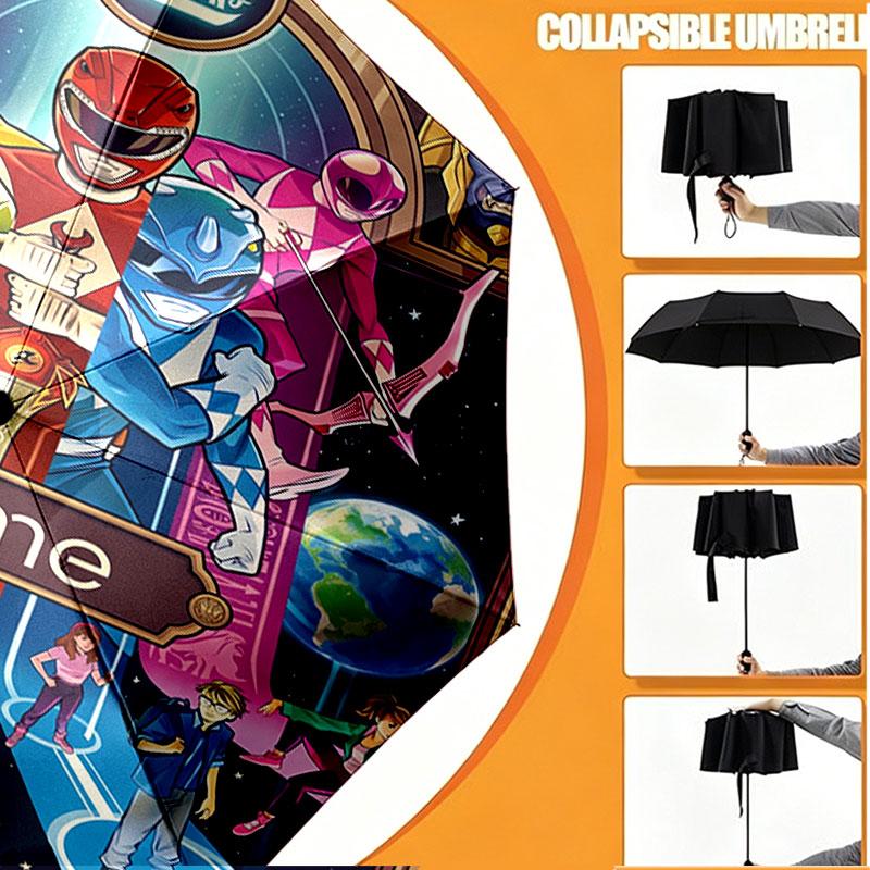 Custom Name Personalized Power Rangers Print Umbrella, Auto Open Close, 8‑Rib Sturdy Frame, Commute Camping Hiking Use, Birthday Gift