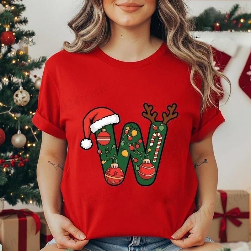 Festive Christmas Alphabet Letter Santa Hat Print Tshirt for Women Fashion T Shirt Streetwear Female Clothes Casual clothing