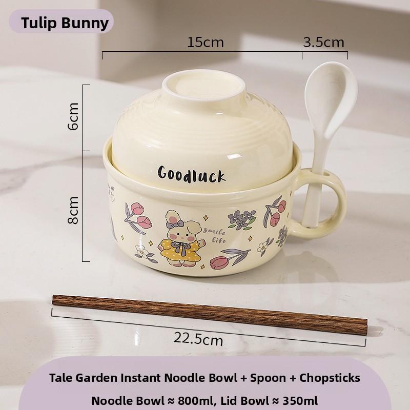 Ceramic Instant Noodles Bowl with Lid And Handle Dormitory Student Microwave Safe Soup Bowl Personal Special Bowl Cartoon Design