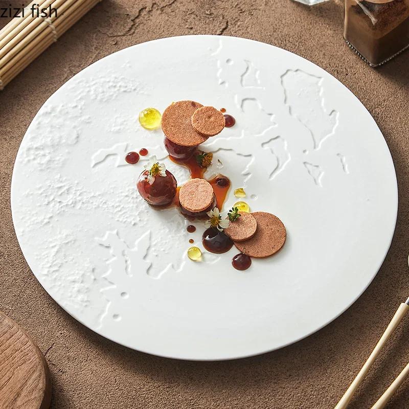 Rock Texture Relief Ceramic Flat Plate Circular Dessert Plate Steak Plate Serving Plates Molecular Cuisine Creative Tableware