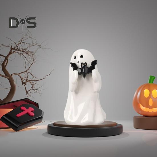 1/2Pcs Halloween Ghost Statue Spooky Resin Ghost Pink Pumpkin Bat Figurine Cute Halloween Home Table Decoration for Indoor Outdoor