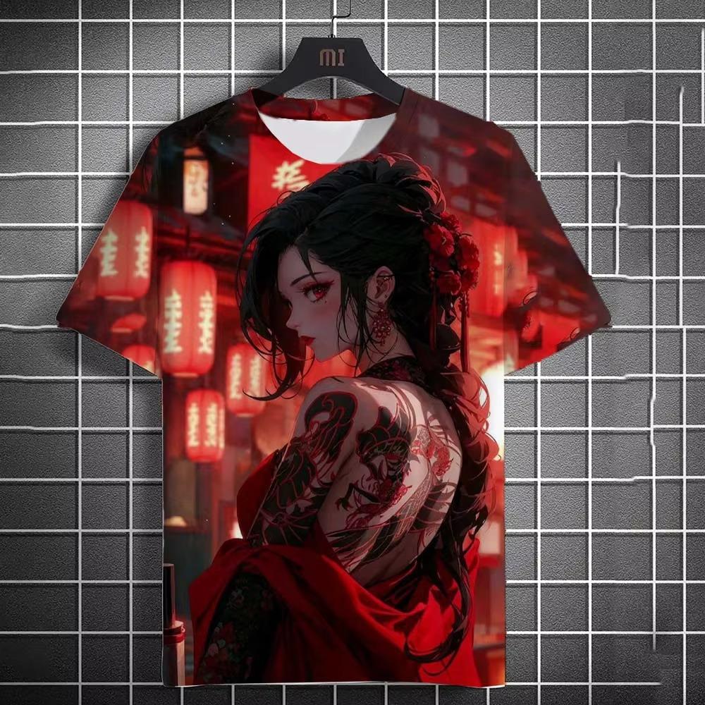 Tattooed girl pattern t-shirt cartoon 3d print oversized sports shirt top
