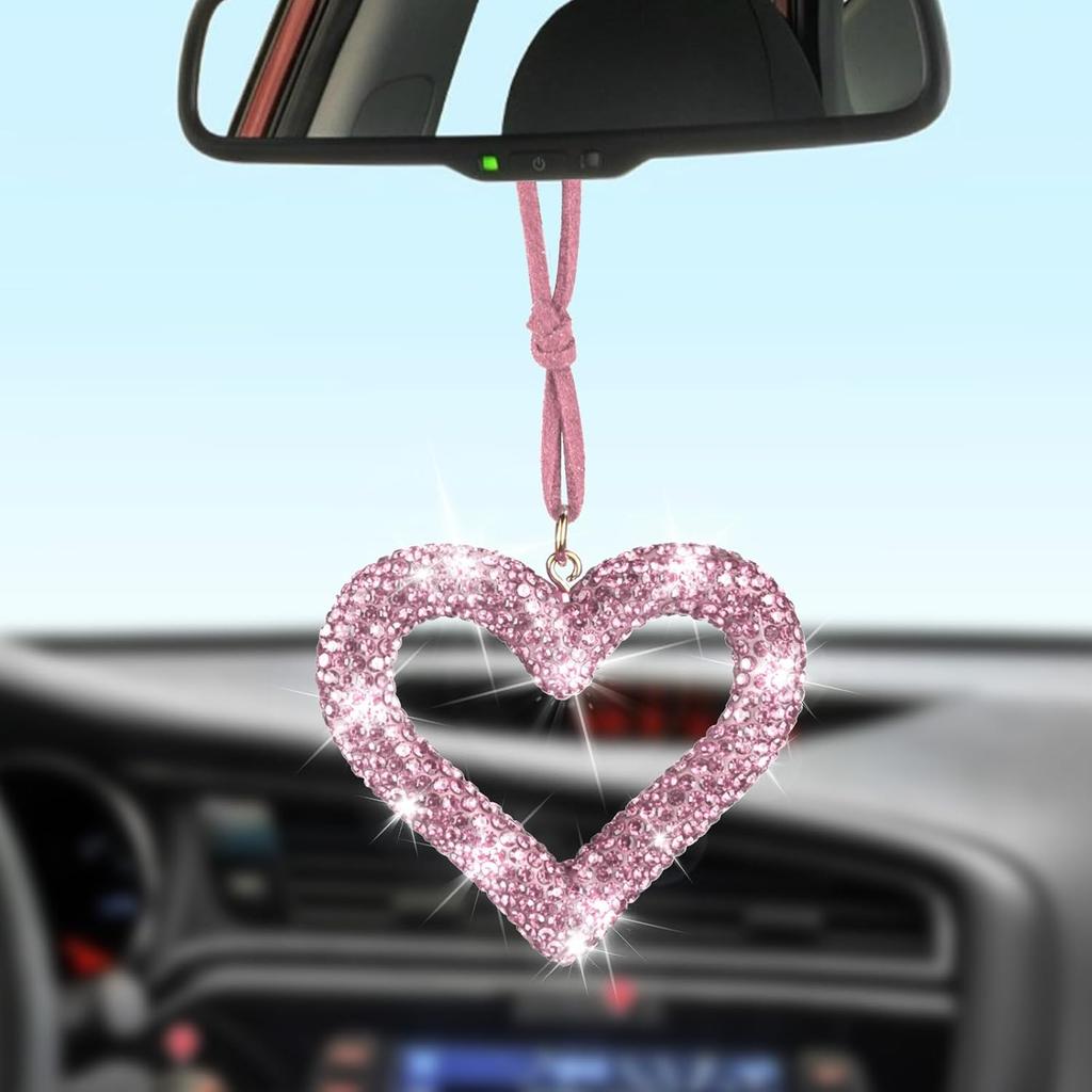 Bling Heart Car Hanging Accessories, Bling Rear View Mirror Accessories, Universal Bling Heart Diamond Car Accessories for Cars, Trucks, SUVs